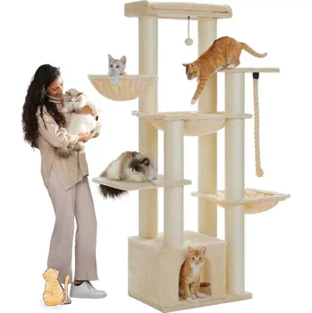 KOČIČÍ STROM - s houpací sítí a škrabadly (7 patrový - 170 cm) Barva: béžová (AMT0268BG)