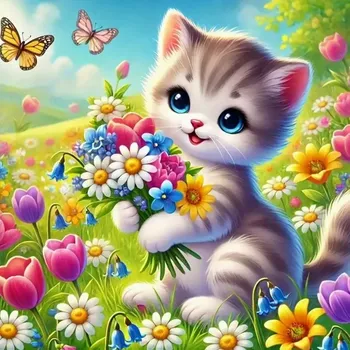 Diamantové malování Diamantové malování - Koťátko a květiny