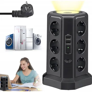 Napájecí kabel ZÁSUVKOVÁ LIŠTA STOJACÍ VĚŽ S 12 ZÁSUVKAMI 2 USB A 2 TYPU C KABEL 2 M