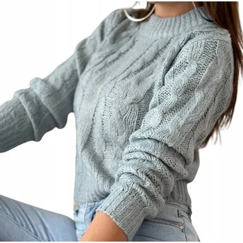 Dámský svetr Módní teplý dámský svetr krátký crop rolák copánkový vzor šedý M