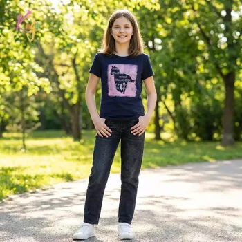 Dívčí tričko Dívčí tričko krátký rukáv Kugo BC2401 tmavě modré (Tričko pro holky s koněm)