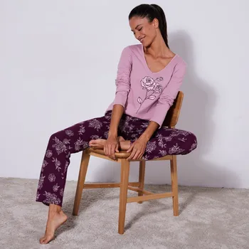 Dámské pyžamo Pyžamo s dlouhými rukávy a potiskem růží švestková/růžová 34/36