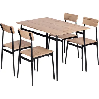 Jídelní židlička ModernHome Jídelní sestava Malmo stůl + 4 židle, MDF + ocel, světlé dřevo