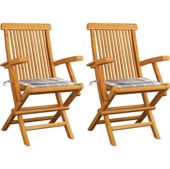 Zahradní židle s šedými károvanými poduškami 2 ks masivní teak - 8720286264256