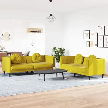 Pohovka 2dílná sedací souprava s polštáři žlutá samet - 8721012289543