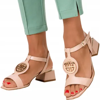 Dámské sandále SANDÁLY NA NÍZKÉM OZDOBNÉM BLOKOVÉM PODPATKU, KOŽENÉ, VELIKOST 39