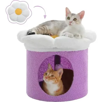 Pelíšek pro kočku Kočičí domeček s odpočívadlem ve květinovém designu Barva: fialová (AMT0294PP)