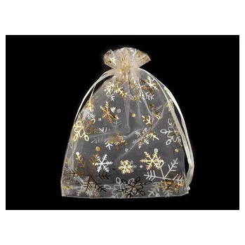 Vánoční dárkový pytlík vločky 13x18 cm organza - 10 ks - 2 krémová nejsvět. zlatá