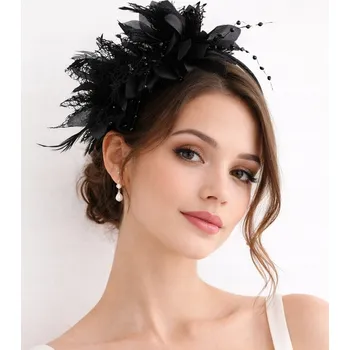 Čelenka Černá čelenka do vlasů s květinami, tyl, peříčky, elegantní na ples, karneval O2