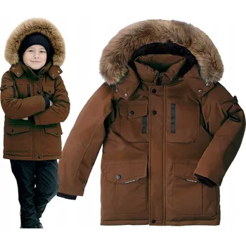 Zimní bunda s kožešinou, hnědá péřová parka, syntetická výplň, velikost 8 (128)