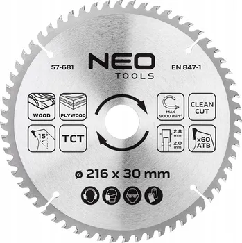 Pilový kotouč Kotoučová pila, vidiový, 216 x 30 mm, 60 zubů, na dřevo NEO TOOLS