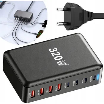 Ładowarka 8 Portów 320W 4x PD 100W + 4x QC Rychlé Nabíjení Notebook
