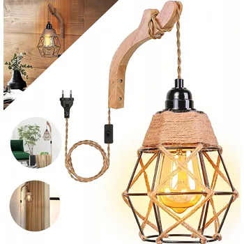 Nástěnné svítidlo DŘEVĚNÁ NÁSTĚNNÁ LAMPA DO INTERIÉRU VINTAGE, NÁSTĚNNÁ LAMPA S VYPÍNAČEM, E27