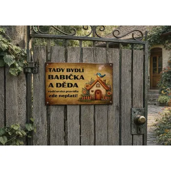 Plechová cedule Plechová cedulka - Tady bydlí babička a děda