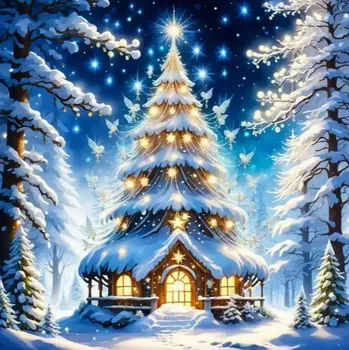 Diamantové malování Diamantové malování - Zasněžená stromová chaloupka