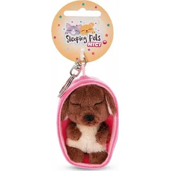 plyšák NICI klíčenka Spící pejsek 8cm hnědý, košík růžový