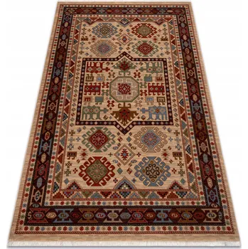 Koberec Koberec VLNĚNÝ s třásněmi, orientální VINTAGE vzor, béžová/bordó, 80x145 cm