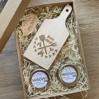 Kosmetická sada Dárková sada pro partnera se 2 masovkami, prkénkem a dekorací 1.sklenička: S feferony, 2.sklenička: Se zeleným pepřem