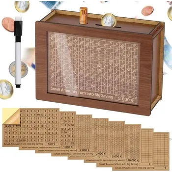 Zahradní dekorace Dřevěná pokladnička Alyvisun s fixními samolepkami, pokladnička s počítadlem 5000 €, opakovaně