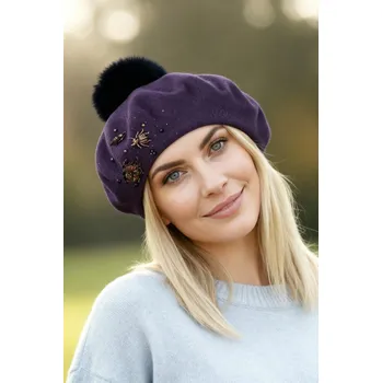 Čepice TopMode Vlněný baret s ozdobami a bambulí 1062439