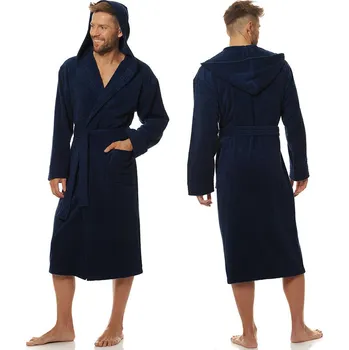 Pánský župan L&L župan pánský 2104 dlouhý s kapucí 100% bavlna XL tmavě modrá