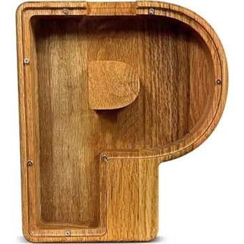 Trezor Dřevěná pokladnička písmeno P 18 cm výška 2,8 cm šířka Průhledná plastová část Dekorativní spořicí pokladna