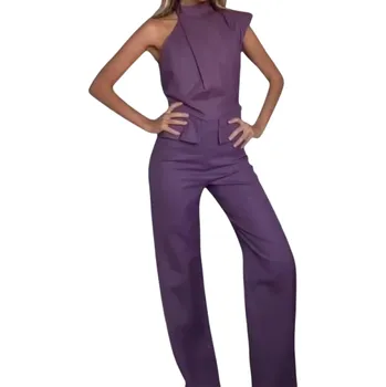 Dámský overall Dámský overal fialový Výstřih do O Dlouhé kalhoty Tílko se širokými ramínky Asymetrický střih Lehký polyester M