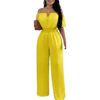 Dámský overall Dámský overal jednobarevný Výstřih do V Krátký rukáv Dlouhé kalhoty Lehký letní střih Pohodlný polyesterový materiál žlutá L