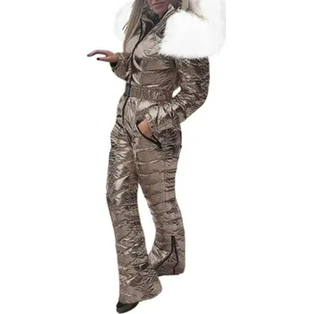 Dámský overall Dámský overal jednobarevný lesklý Zimní na lyže Kapuce s kožichem Dlouhé kalhoty Teplý střih Polyester hnědá M