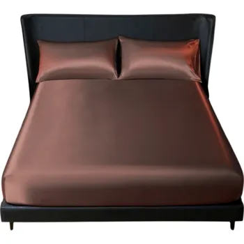 Prostěradlo Sada ložního prádla se saténovým povrchem Prostěradlo s gumou 198 x 203 cm + 2x povlak na polštář 50 x 75 cm Hladké a lesklé KING SIZE hnědá