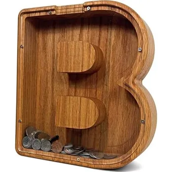 Trezor Dřevěná pokladnička 18 x 15,3 cm Průhledná úložná krabička na mince Tvar písmena B Dekorativní spořicí box