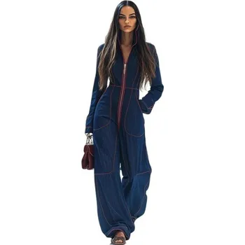 Dámský overall Dámský overal modrý se zipem Výstřih do V Dlouhý rukáv Dlouhé kalhoty Elegantní přiléhavý střih Pohodlný polyester XXL