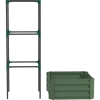 Vyvýšený záhon Outsunny vyvýšený záhon s mříží Truhlík s popínavou pomůckou, otevřená základna, odolný proti povětrnostním vlivům, 61 cm x 61 cm x 140 cm, zelený