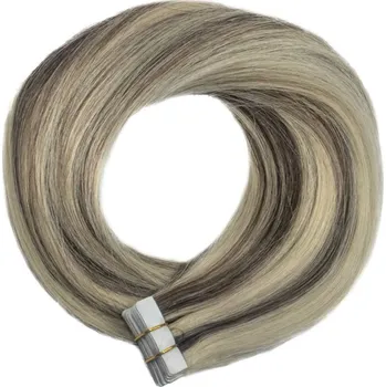 Příčesek TAPE IN vlasy Premium 60 cm – 20 pásků, 50 g, melír ledová blond / hnědá, pravé indické vlasy