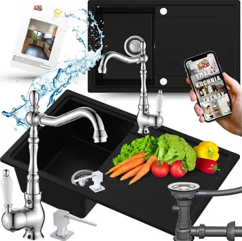 Granitový dřez GRANITOVÝ DŘEZ JEDNOKOMOROVÝ ČERNÝ S ODKAPÁVAČEM + BATERIE DÁVKOVAČ