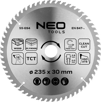 Pilový kotouč Kotouč do pily, vidiový, 235 x 30 mm, 60 zubů, na dřevo NEO TOOLS