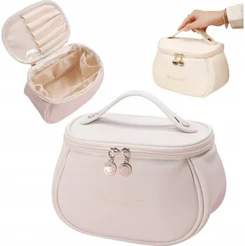 Kosmetická taška DÁMSKÁ CESTOVNÍ KOSMETICKÁ TAŠKA KOŽENÁ PROSTORNÁ NA KOSMETIKU KUFŘÍK KRÉMOVÁ