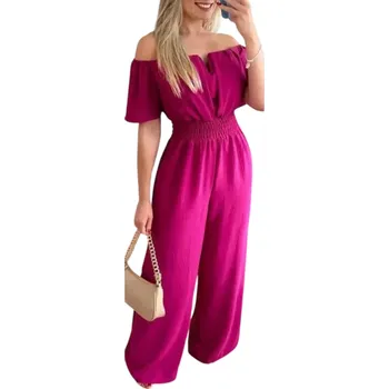 Dámský overall Dámský overal jednobarevný Výstřih do V Krátký rukáv Dlouhé kalhoty Lehký letní střih Pohodlný polyesterový materiál růžová L