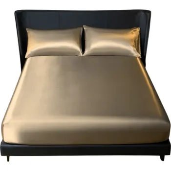 Prostěradlo Sada ložního prádla se saténovým povrchem Prostěradlo s gumou 137 x 190 cm + 2x povlak na polštář 50 x 75 cm Hladké a lesklé zlatá