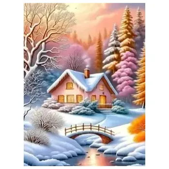 Diamantové malování Diamantové malování - Chaloupka v zimním údolí (40x50) + perleťové kamínky