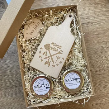 Kosmetická sada Dárková sada pro dědečka se 2 masovkami, prkénkem a dekorací 1.sklenička: Se zeleným pepřem, 2.sklenička: Se zeleným pepřem