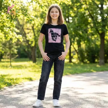 Dívčí tričko Dívčí tričko krátký rukáv Kugo BC2401 černé (Tričko pro holky s koněm)