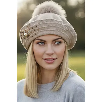 Čepice TopMode Vlněný baret s bambulí a s perličkami 1062373