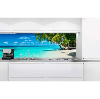 Fototapeta DIMEX | Fototapeta do kuchyně Pláž v ráji KI-180-091 | 180 x 60 cm | tyrkysová, zelená, modrá, krémová + Samolepicí fototapeta za kuchyňskou linku DIMEX Pláž v ráji v šíři 180 cm
