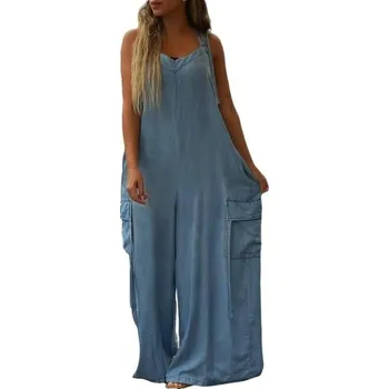 Dámský overall Dámský overal volný střih Jednobarevné tílko s výstřihem do O Dlouhé kalhoty s kapsami Lehký polyesterový overal na léto modrá S