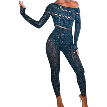 Dámský overall Dámský overal univerzální velikost Poloprůhledný model s kamínky Výstřih do O Dlouhý rukáv a dlouhé kalhoty Polyester Spandex tmavě modrá