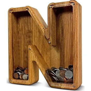 Trezor Dřevěná pokladnička písmeno N 18 cm výška 2,8 cm šířka Průhledná plastová část Dekorativní spořicí pokladna