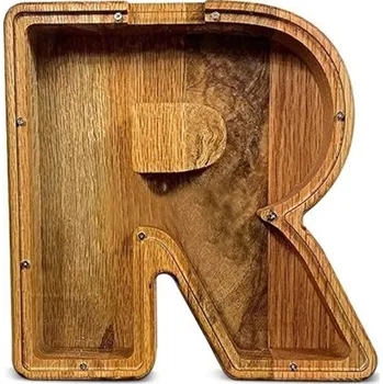 Trezor Dřevěná pokladnička písmeno R 18 cm výška 2,8 cm šířka Průhledná plastová část Dekorativní spořicí pokladna