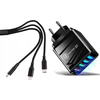 Síťová nabíječka Monpax 48W QC 3.0 4xUSB s kabelem 3v1