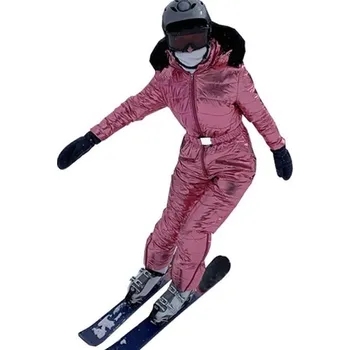 Dámský overall Dámský overal jednobarevný lesklý Zimní na lyže Kapuce s kožichem Dlouhé kalhoty Teplý střih Polyester růžová XL